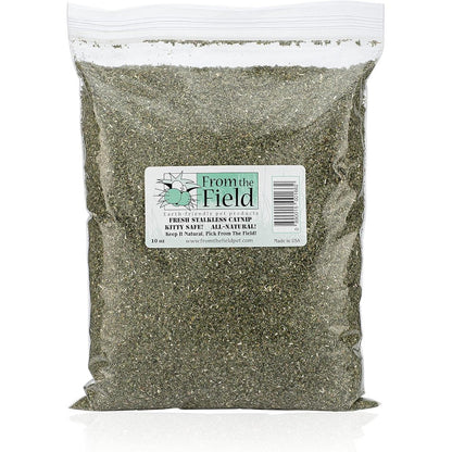 From The Field Fine Ground Stalkless Catnip Premium USA Grown Catnip For Toys And Playtime Fresh Potent Non Toxic Safe For Cats Ten Ounce Bag