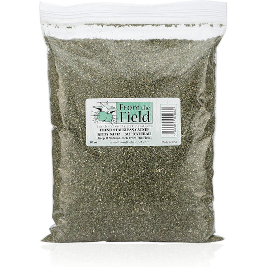 From The Field Fine Ground Stalkless Catnip Premium USA Grown Catnip For Toys And Playtime Fresh Potent Non Toxic Safe For Cats Ten Ounce Bag