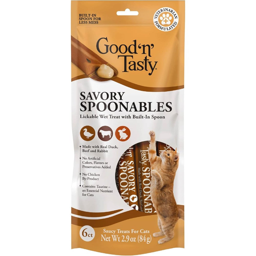 Good N Tasty Savory Spoonables With Real Duck Beef And Rabbit 6 Count Tube Triple Flavor Squeezable Lickable Wet Treats For Cats With Built In Spoon