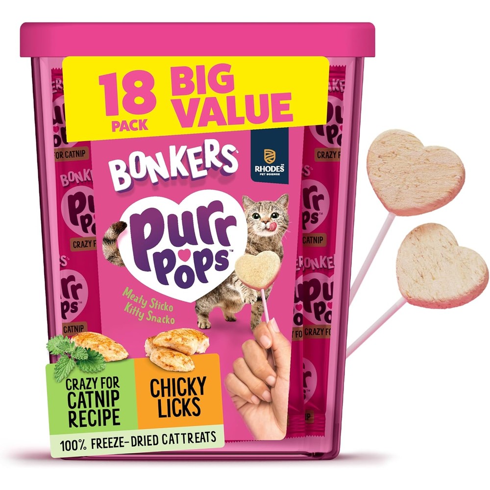Bonkers Purrpops Freeze Dried Chicken And Catnip Flavor Lollipop Cat Treats For All Breeds High Protein Real Meat Value Pack Eighteen Pieces
