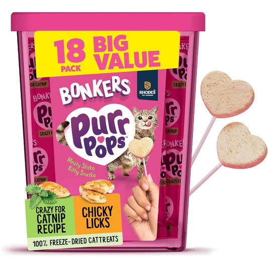 Bonkers Purrpops Freeze Dried Chicken And Catnip Flavor Lollipop Cat Treats For All Breeds High Protein Real Meat Value Pack Eighteen Pieces