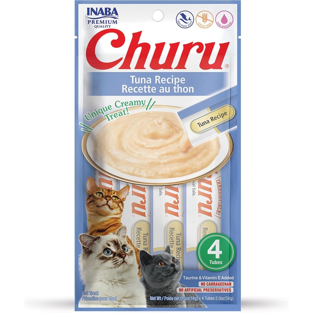 Inaba Churu Tuna Recipe Lickable Creamy PurÃ©e Natural Cat Treats 4 Tubes Per Pack 56 Grams Total Net Weight