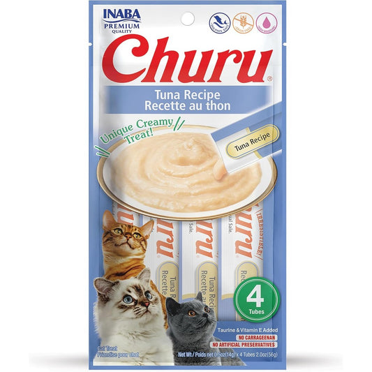 Inaba Churu Tuna Recipe Lickable Creamy PurÃ©e Natural Cat Treats 4 Tubes Per Pack 56 Grams Total Net Weight