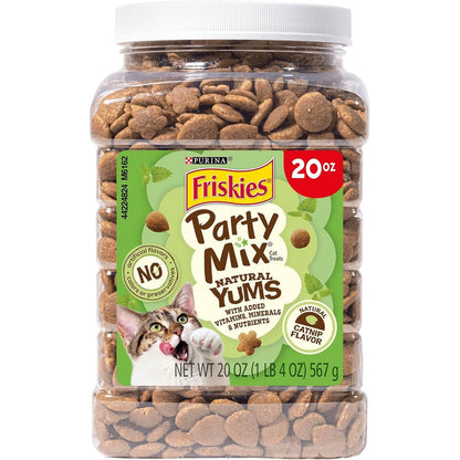 Purina Friskies Party Mix Natural Yums Catnip Flavor Crunchy Cat Treats Made In USA Facilities For Adult Cats 20 Ounce Canister