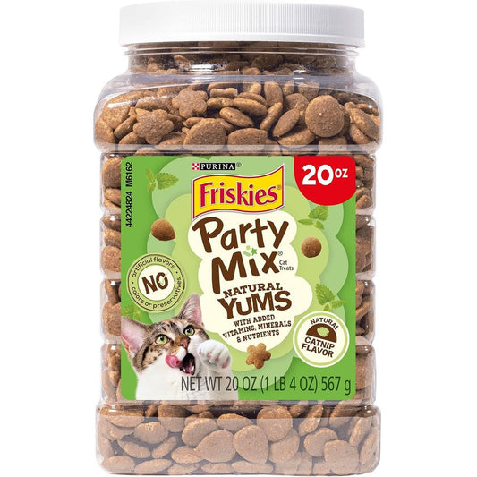 Purina Friskies Party Mix Natural Yums Catnip Flavor Crunchy Cat Treats Made In USA Facilities For Adult Cats 20 Ounce Canister