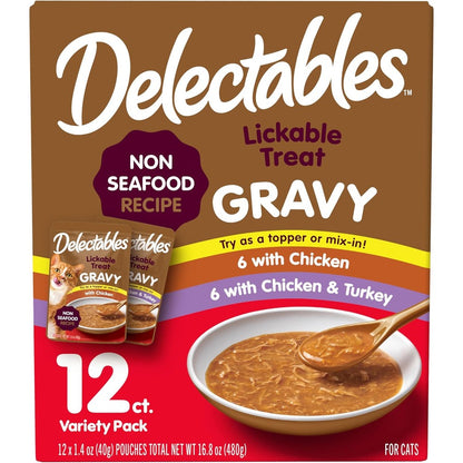 Delectables Gravy Non Seafood Lickable Wet Cat Treats Chicken And Turkey Variety Pack 1.4 Ounce Pouches 12 Count Food Topper