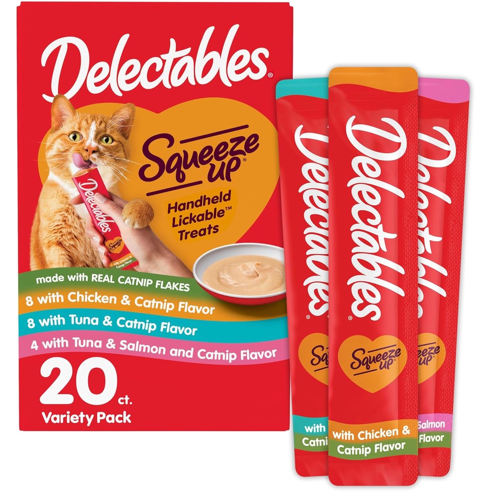 Delectables Squeeze Up Catnip Variety Pack Creamy Squeezable Puree Lickable Wet Cat Treats Grain Free 0.5 Ounce Tube 20 Tubes Total
