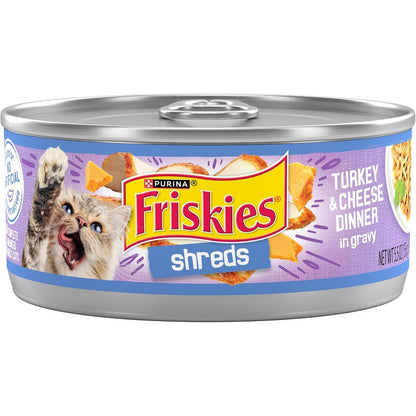 Purina Friskies Shreds Turkey And Cheese Dinner In Gravy High Protein Wet Cat Food 5.5 Ounce Cans Pack Of 24