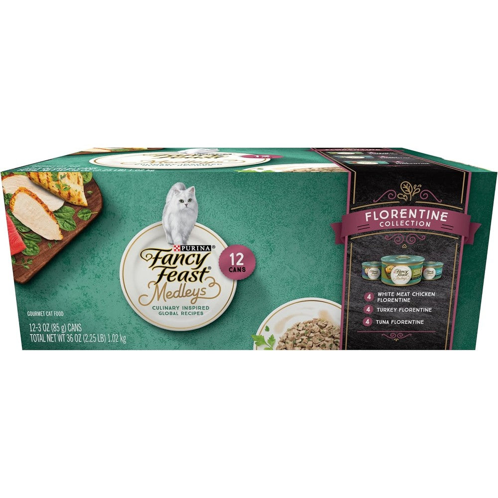 Fancy Feast wet cat food variety pack front view showing twenty four cans