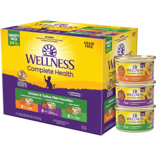 Wellness Complete Health Pate Variety Pack Adult Canned Wet Cat Food Natural Protein Rich Grain Free Chicken And Turkey Favorites 3 Ounce Pack Of 2...