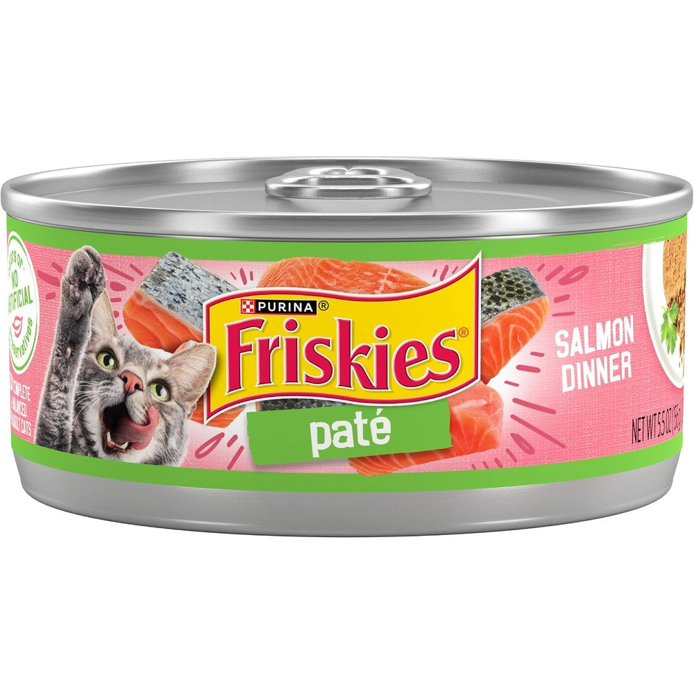 Purina Friskies wet cat food salmon dinner can front view with seafood graphics