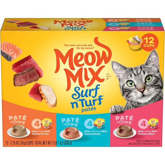 Meow Mix PatÃ© In Gravy Wet Cat Food Variety Pack Surf N Turf PatÃ©s 48 Cups 2.75 Ounces Each