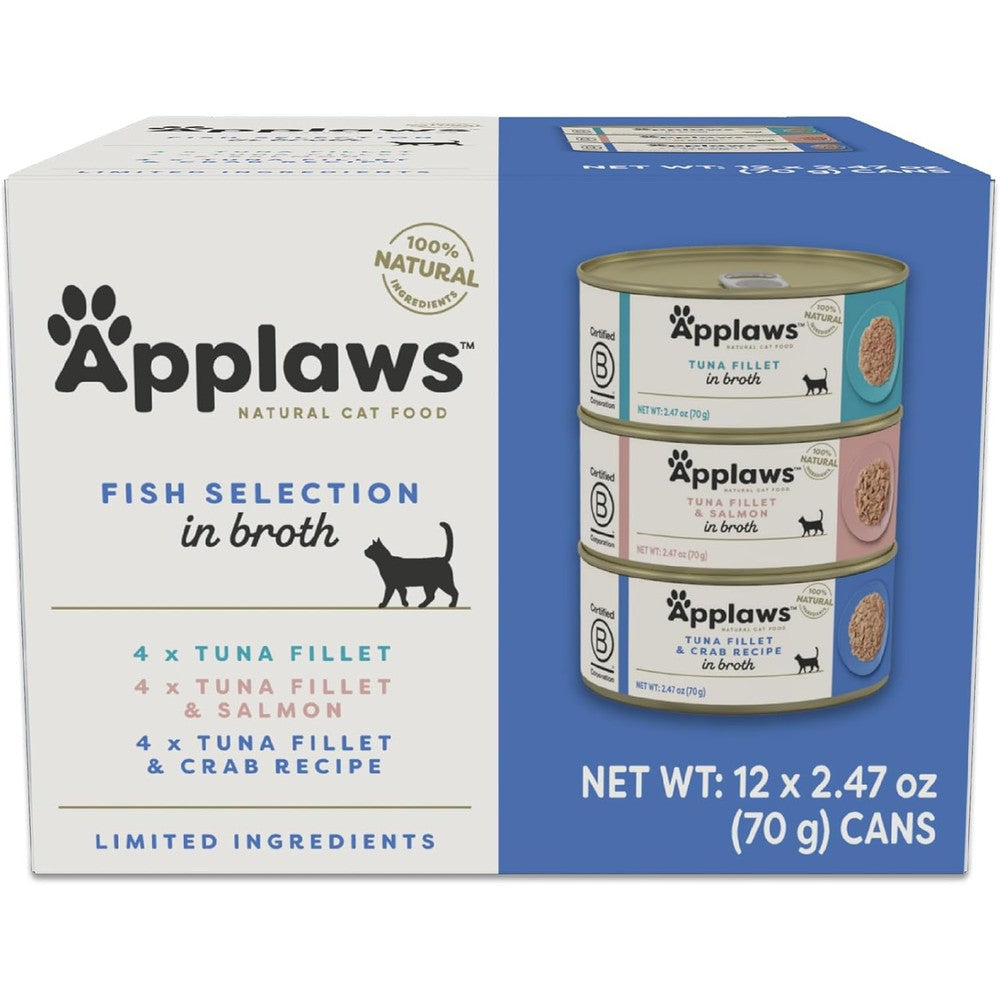 Applaws Fish Variety Pack Wet Cat Food In Broth 12 Cans, High Protein Grain Free Canned Cat Food