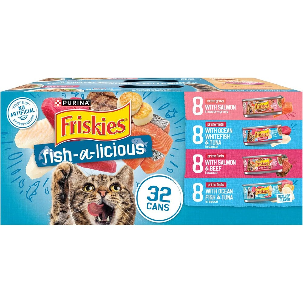 Purina Friskies Wet Cat Food Variety Pack Fish-A-Licious Extra Gravy Prime Filets And Tasty Treasures 32 Cans