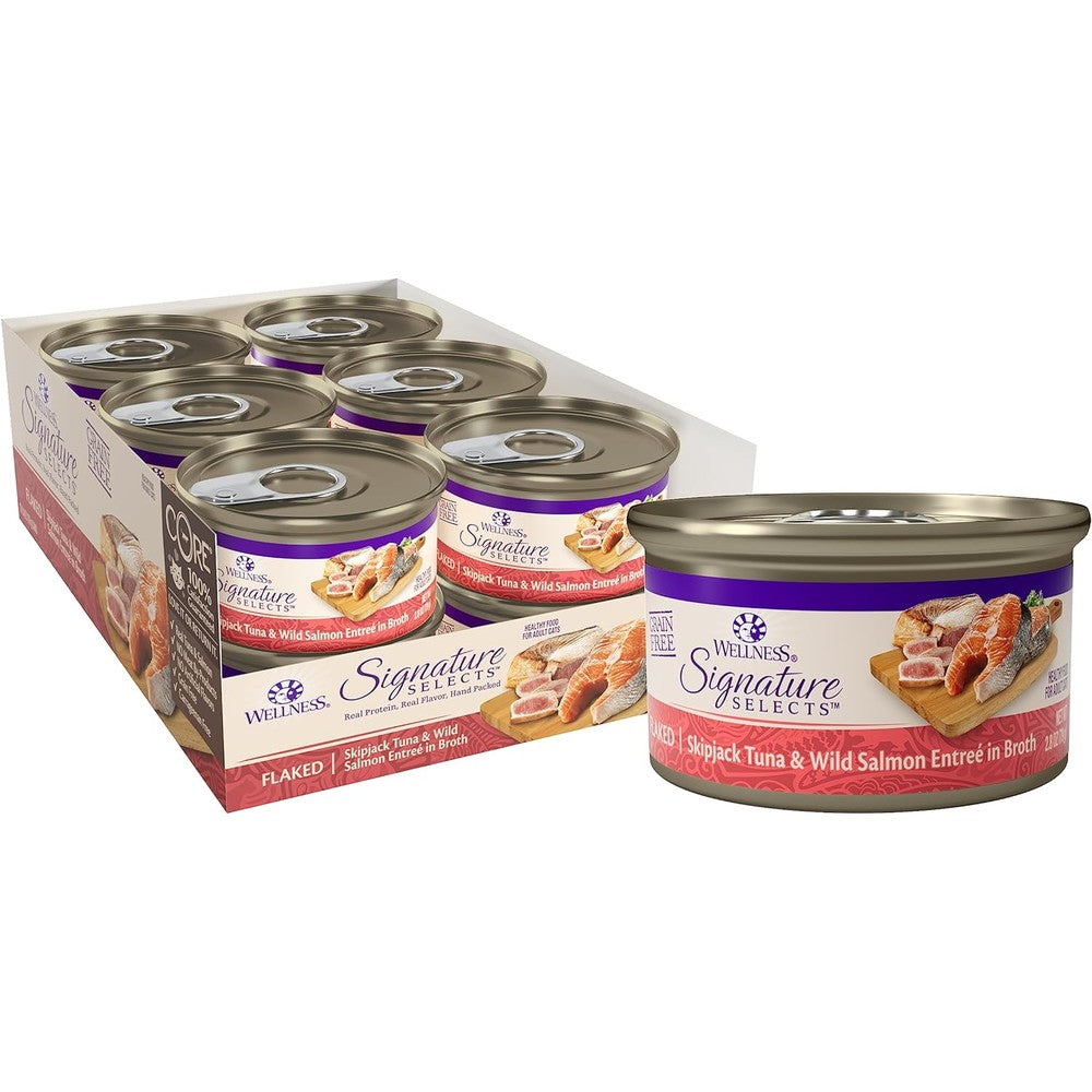 Wellness CORE Signature Selects Flaked Adult Canned Wet Cat Food Natural Protein Rich Grain Free Skipjack Tuna And Wild Salmon Entree Recipe 2.8 Ou...