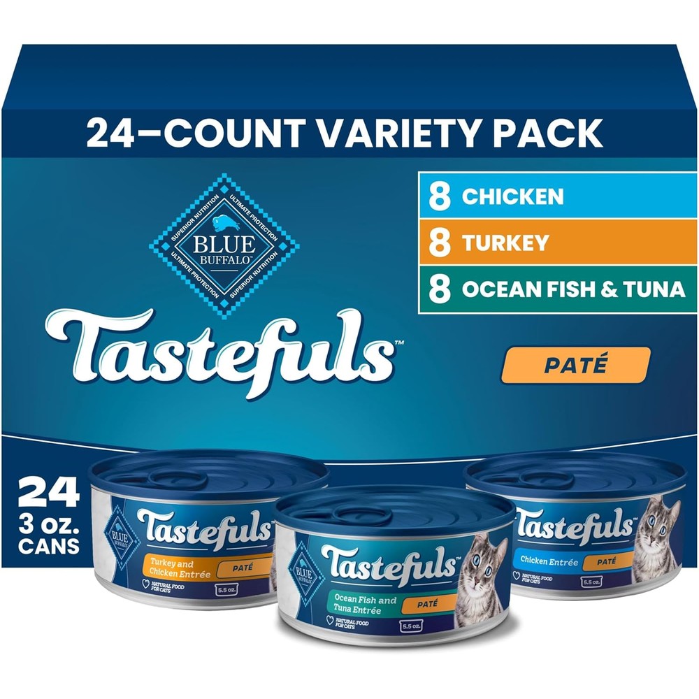 Blue Buffalo Tastefuls Wet Cat Food PatÃ© Variety Pack Chicken Turkey Ocean Fish And Tuna Adult Cats 5.5 Ounce 24 Cans