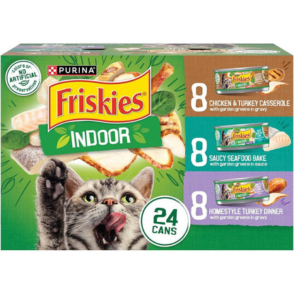 Purina Friskies Indoor Cat Food Variety Pack 24 Cans Chicken And Turkey Seafood Homestyle 5.5 Ounce Cans