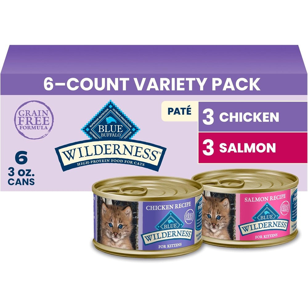 Blue Buffalo Wilderness Kitten Grain Free Chicken Pate And Salmon Pate Wet Cat Food With DHA 3 Ounce Each 6 Count