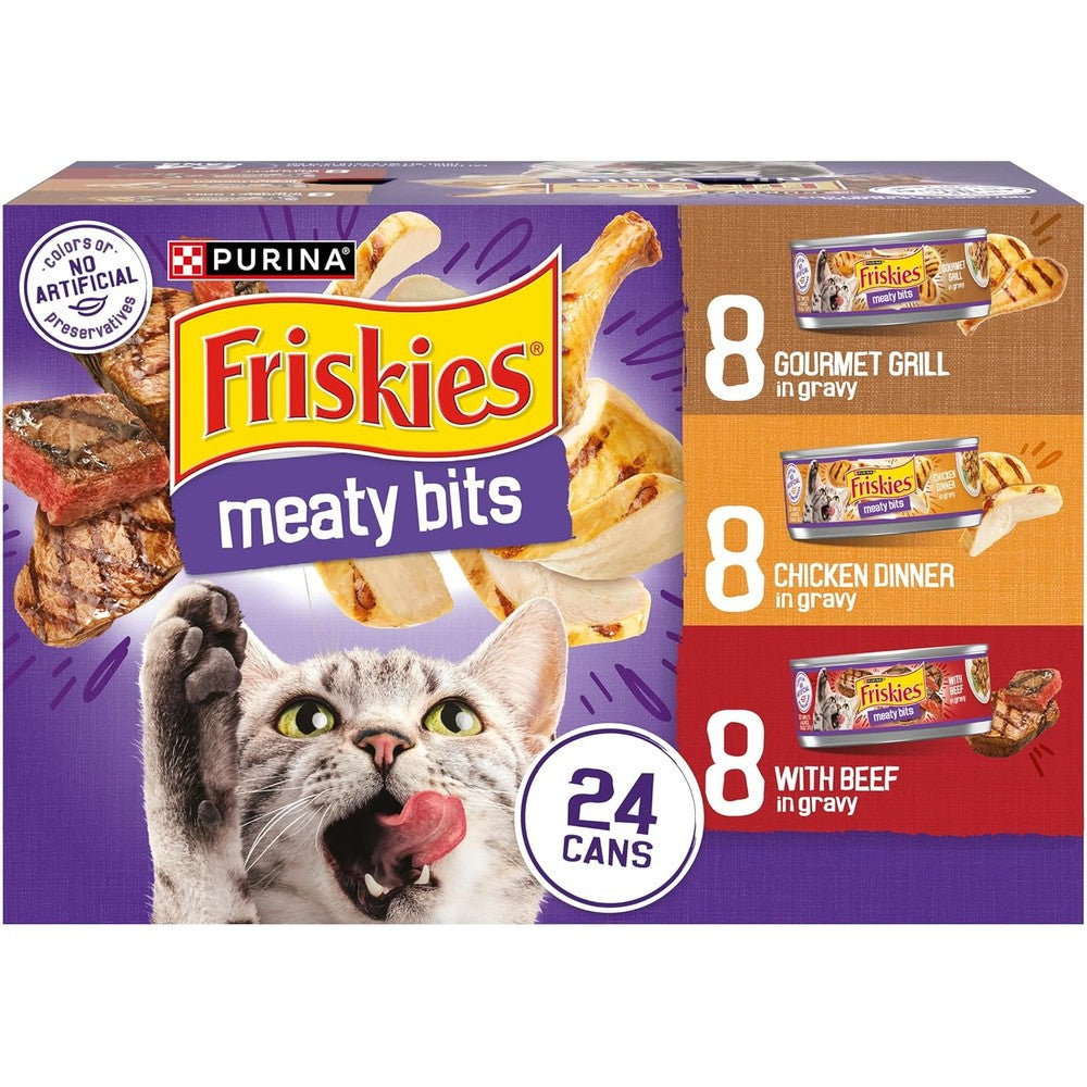 Purina Friskies Meaty Bits wet cat food variety pack front view with 24 cans