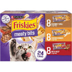 Purina Friskies Meaty Bits wet cat food variety pack front view with 24 cans