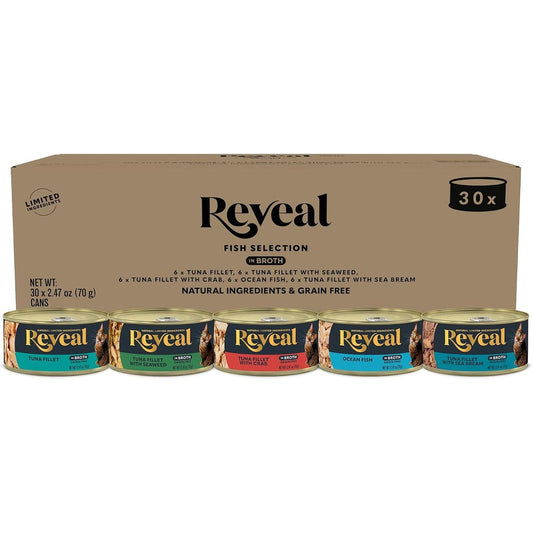 Reveal Fish Variety Pack Wet Cat Food In Broth 20 Count, 5 Flavor, Grain Free, 2.47 Ounce Cans
