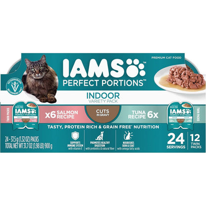 Iams Perfect Portions Grain Free Wet Cat Food Indoor Adult Cuts In Gravy Variety Pack Tuna And Salmon Recipe 1.98 Pound 12 Twin Pack Trays