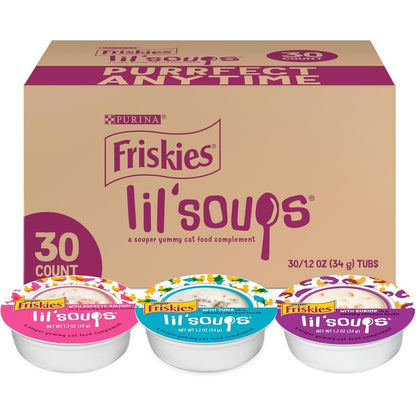 Purina Friskies Lil Soups Grain Free Wet Cat Food Lickable Cat Treats Variety Pack With Salmon Tuna And Shrimp 36 Ounce Pack Of 30 1.2 Ounce Cups