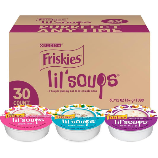 Purina Friskies Lil Soups Grain Free Wet Cat Food Lickable Cat Treats Variety Pack With Salmon Tuna And Shrimp 36 Ounce Pack Of 30 1.2 Ounce Cups