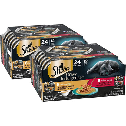 Sheba Gravy Indulgence Adult Wet Cat Food Beef And Chicken Entree In Extra Gravy Variety Pack 2.6 Ounce Twin-Pack Trays 12 Count 24 Servings Pack Of 2