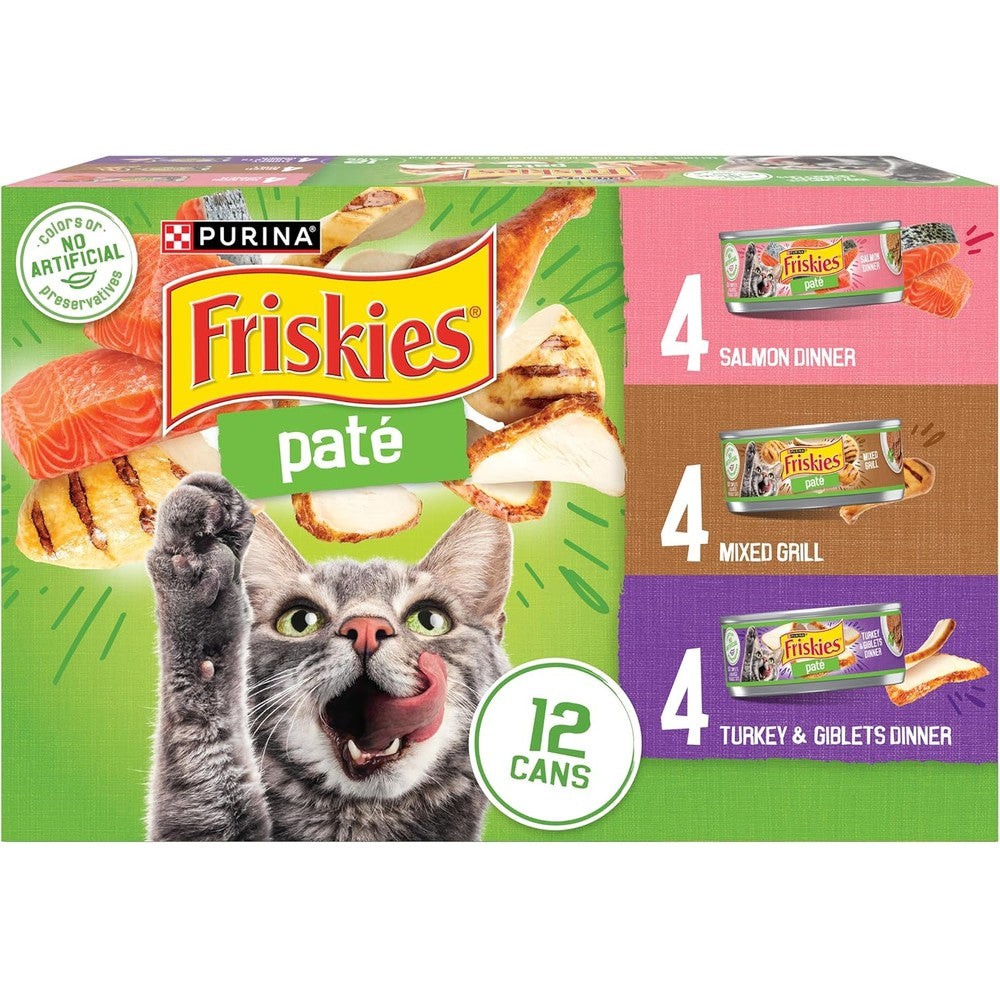 Purina Friskies wet cat food variety pack front view showing 24 cans