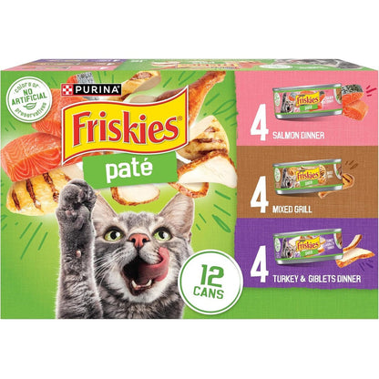 Purina Friskies Wet Cat Food Pate Variety Pack Salmon Turkey And Mixed Grill 5.5 Ounce Cans 24 Count