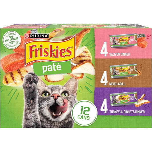 Purina Friskies Wet Cat Food Pate Variety Pack Salmon Turkey And Mixed Grill 5.5 Ounce Cans 24 Count