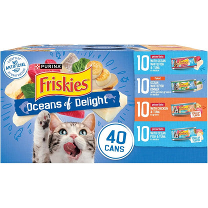 Purina Friskies Wet Cat Food Variety Pack Oceans Of Delight Flaked And Prime Filets Forty 5.5 Ounce Cans