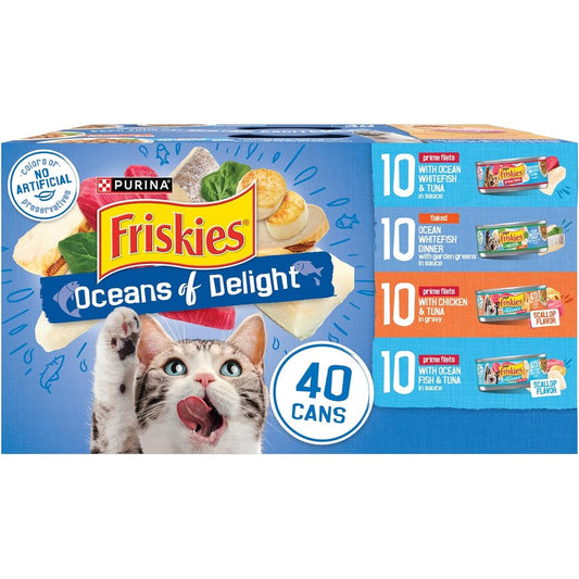 Purina Friskies Wet Cat Food Variety Pack Oceans Of Delight Flaked And Prime Filets Forty 5.5 Ounce Cans