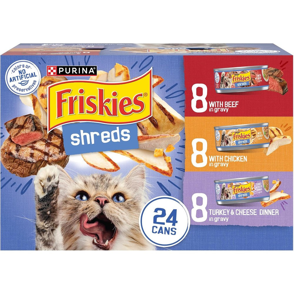 Purina Friskies Gravy Wet Cat Food Variety Pack Shreds With Beef Chicken And Turkey And Cheese Dinner 24 Cans 5.5 Ounce Each