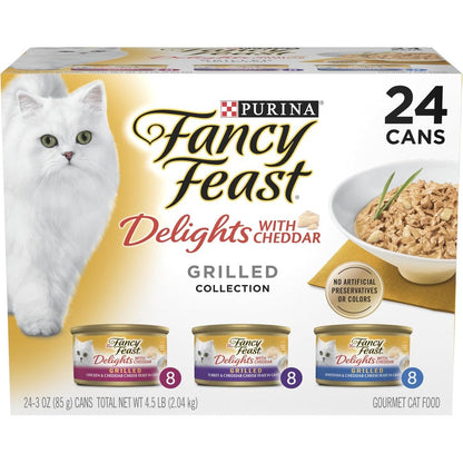 Purina Fancy Feast Delights With Cheddar Grilled Chicken, Turkey Or Whitefish And Cheddar Cheese Feast In Gravy Wet Cat Food Variety Pack, 24 Cans,...
