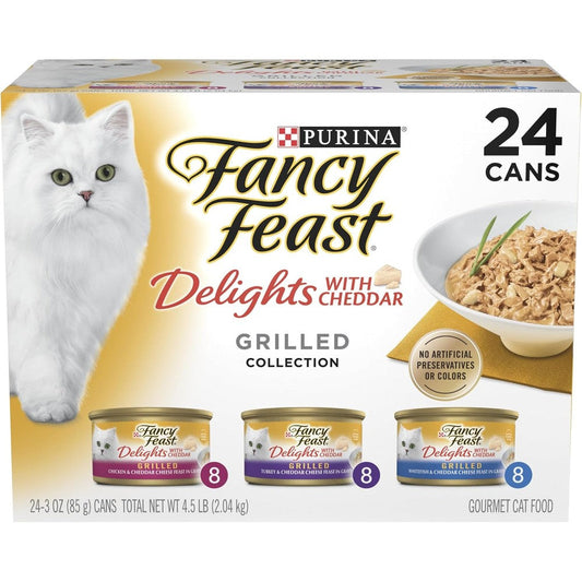 Purina Fancy Feast Delights With Cheddar Grilled Chicken, Turkey Or Whitefish And Cheddar Cheese Feast In Gravy Wet Cat Food Variety Pack, 24 Cans,...