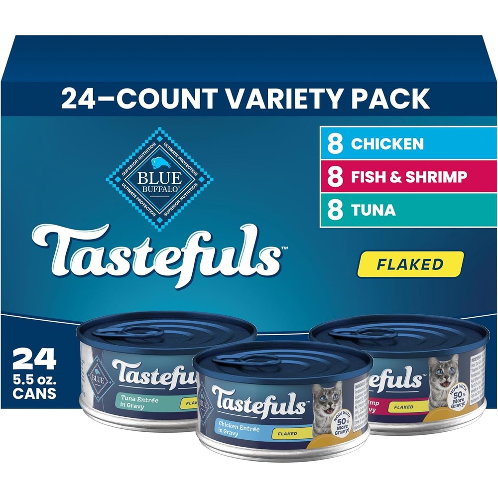 Blue Buffalo Tastefuls Flaked Adult Wet Cat Food Variety Pack Tuna Chicken Fish And Shrimp 5.5 Ounce 24 Cans