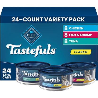 Blue Buffalo Tastefuls Flaked Adult Wet Cat Food Variety Pack Tuna Chicken Fish And Shrimp 5.5 Ounce 24 Cans