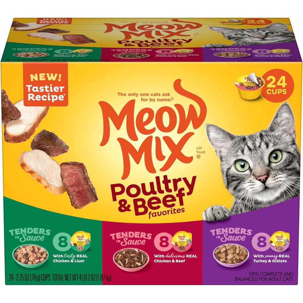 Meow Mix poultry and beef variety pack wet cat food front view