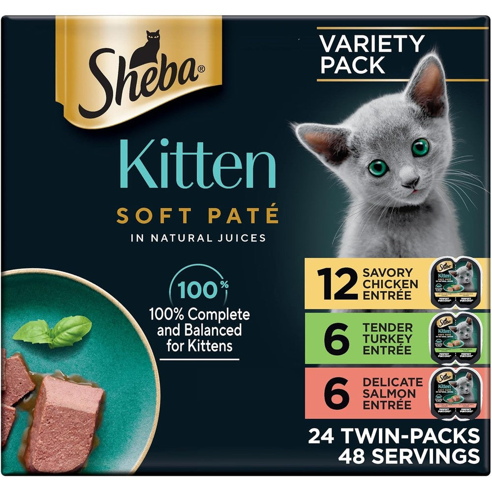Sheba Perfect Portions Kitten Wet Cat Food Pate Chicken Entree Salmon Entree And Turkey Entree 2.6 Ounce Twin-Pack Trays 24 Count 48 Servings
