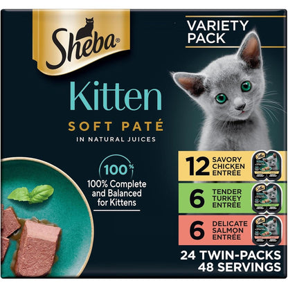 Sheba Perfect Portions Kitten Wet Cat Food Pate Chicken Entree Salmon Entree And Turkey Entree 2.6 Ounce Twin-Pack Trays 24 Count 48 Servings