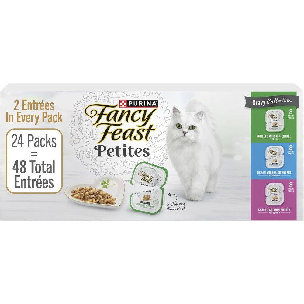 Purina Fancy Feast Gourmet Wet Cat Food Variety Pack Petites Gravy Collection Break-Apart Tubs 48 Servings 24 Tubs
