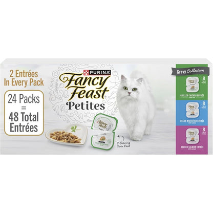 Purina Fancy Feast Gourmet Wet Cat Food Variety Pack Petites Gravy Collection Break-Apart Tubs 48 Servings 24 Tubs
