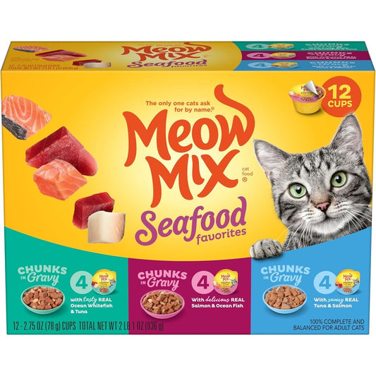 Meow Mix Savory Morsels Seafood Favorites Variety Pack 2.75 Ounce Cup 12 Pack