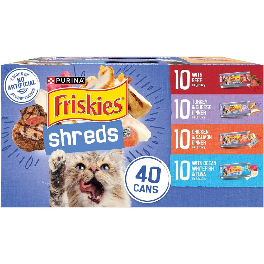 Purina Friskies Wet Cat Food Variety Pack Shreds With Beef Turkey And Cheese Chicken And Salmon Ocean Whitefish And Tuna 40 Count 5.5 Ounce Cans