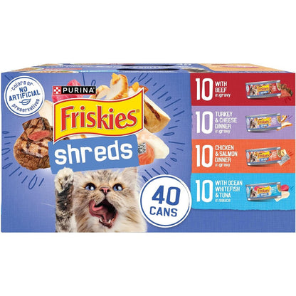 Purina Friskies Wet Cat Food Variety Pack Shreds With Beef Turkey And Cheese Chicken And Salmon Ocean Whitefish And Tuna 40 Count 5.5 Ounce Cans