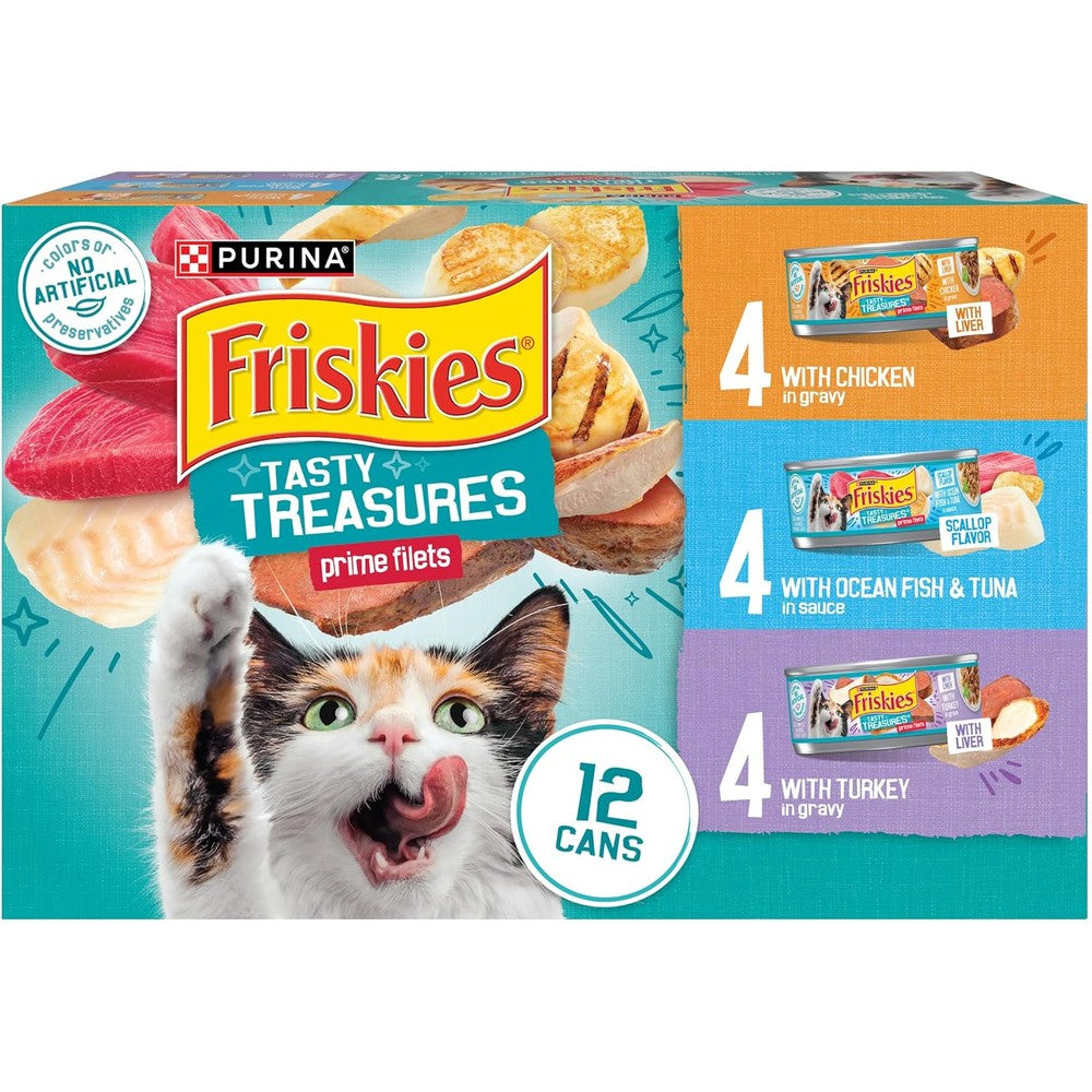 Purina Friskies wet cat food variety pack front view showing twelve cans
