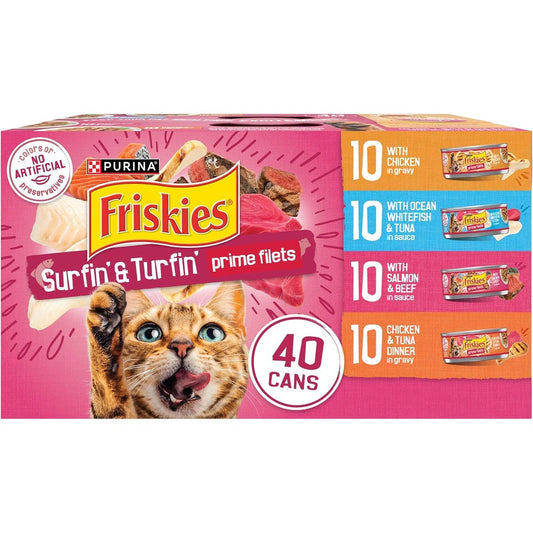 Purina Friskies Gravy Wet Cat Food Variety Pack Surfin And Turfin Prime Filets Favorites Forty 5.5 Ounce Cans