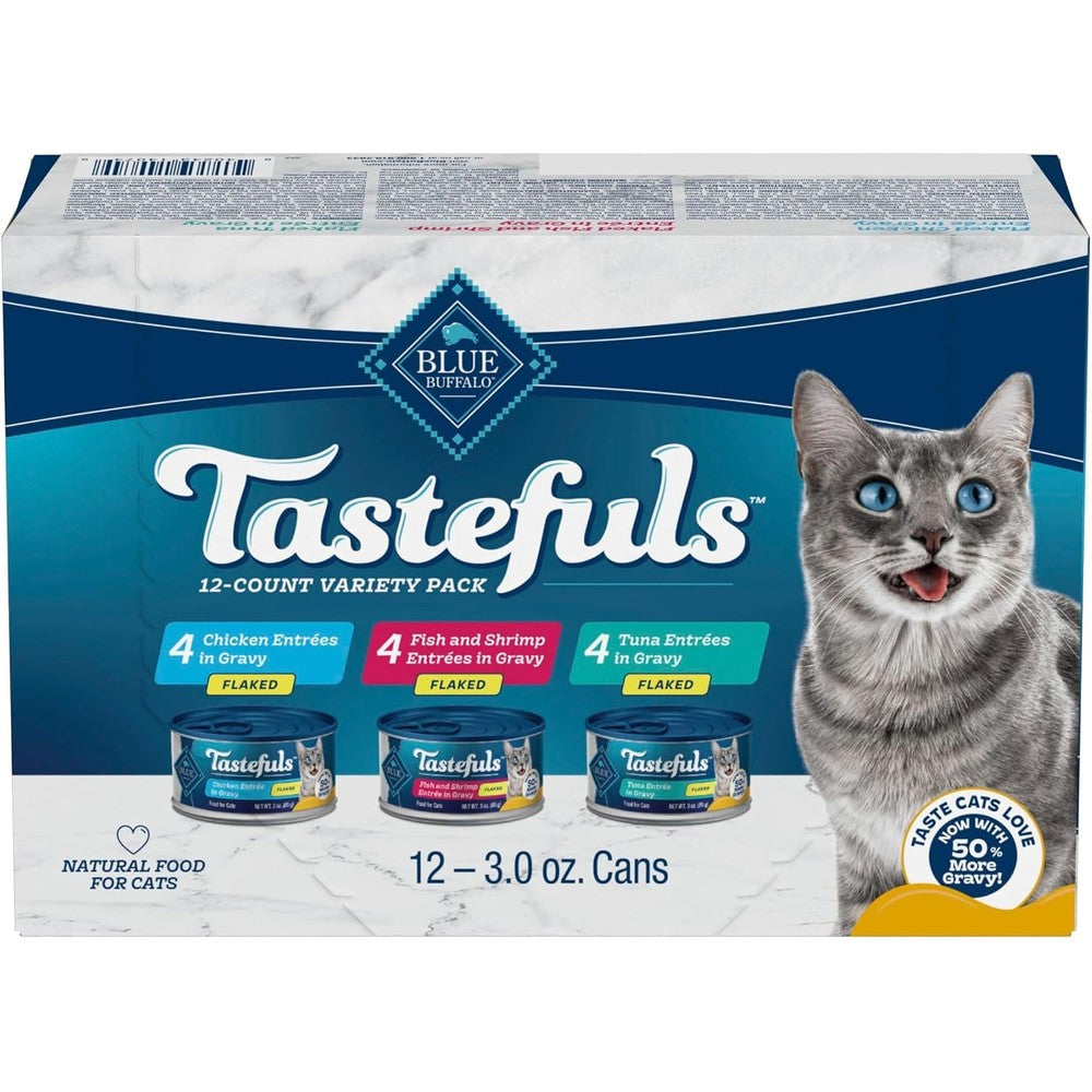 Blue Buffalo Tastefuls flaked adult wet cat food variety pack front view packaging